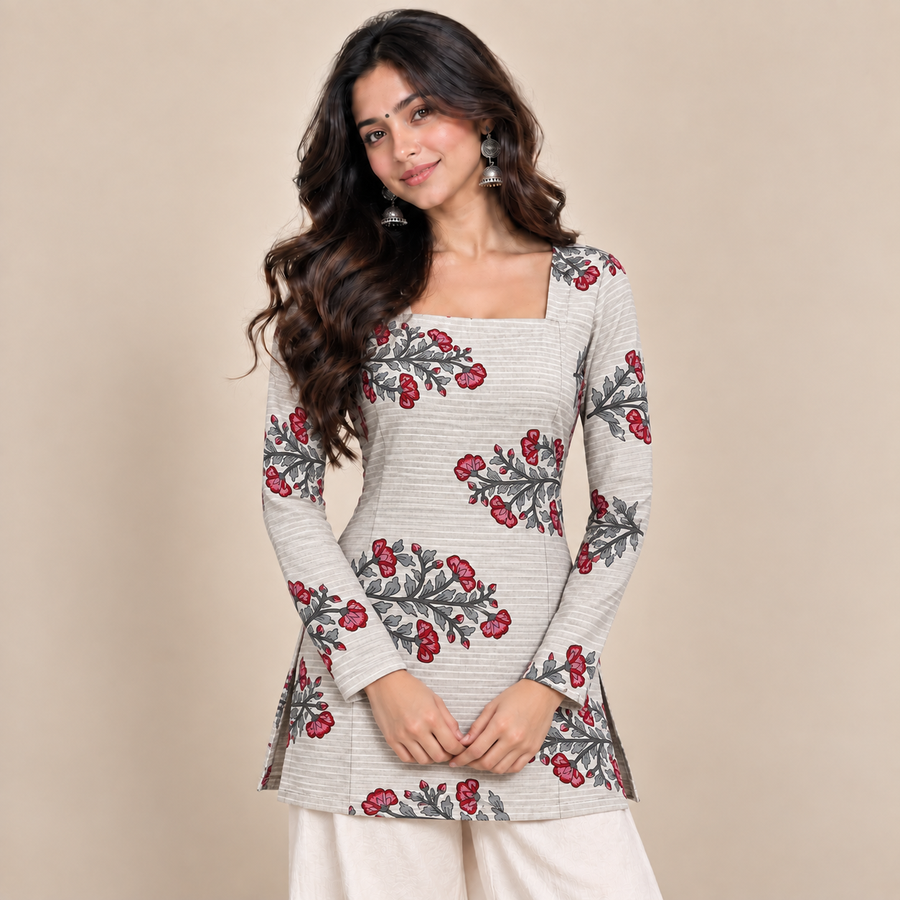 Floral Branch Print- Square Neck Kurti