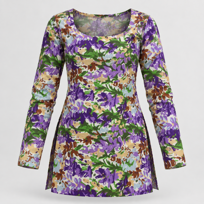 Purple Botanical Print- Boat Neck Kurti