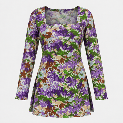 Purple Botanical Print- Square Neck Kurti