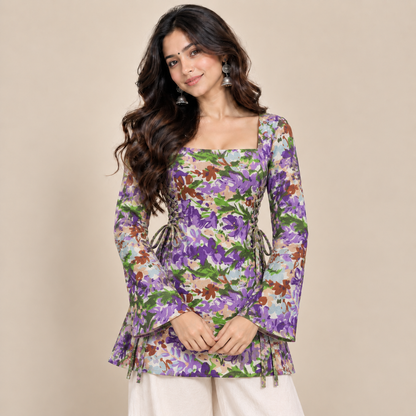 Purple Botanical Print- Side Corset Kurti