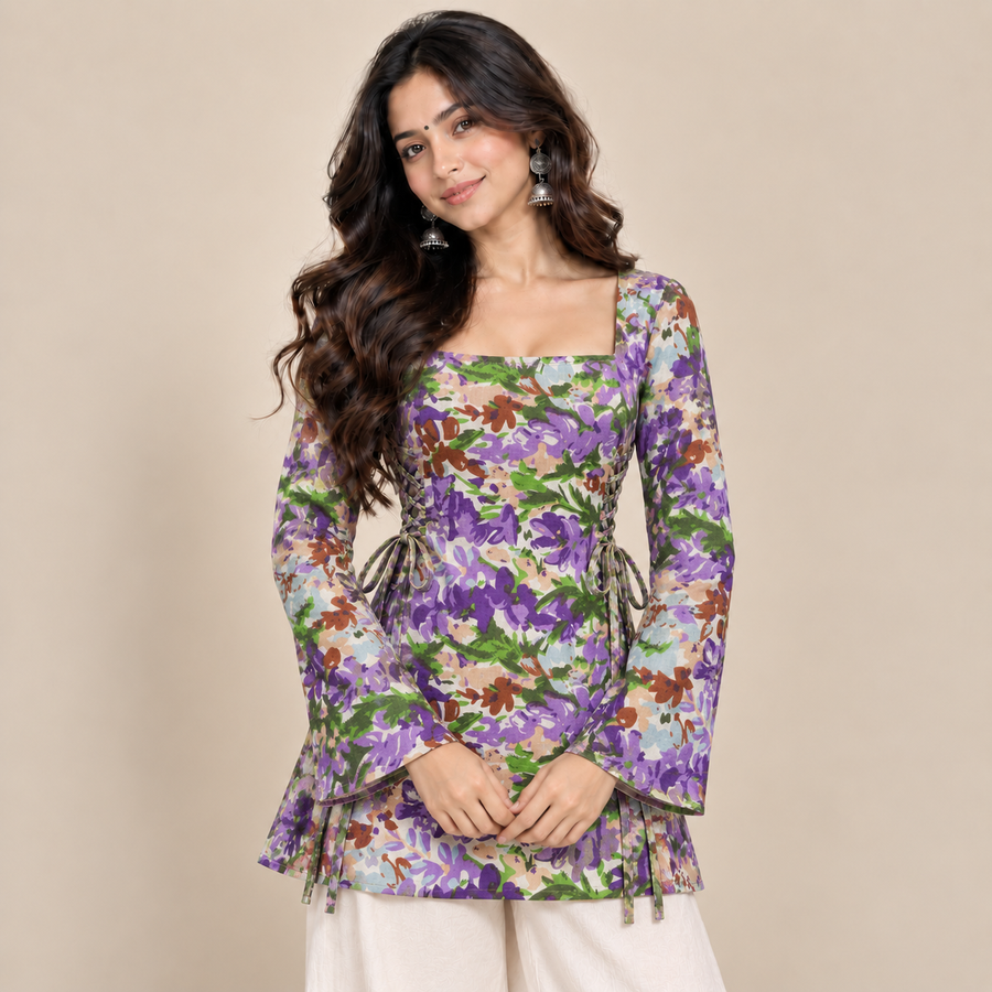 Purple Botanical Print- Side Corset Kurti