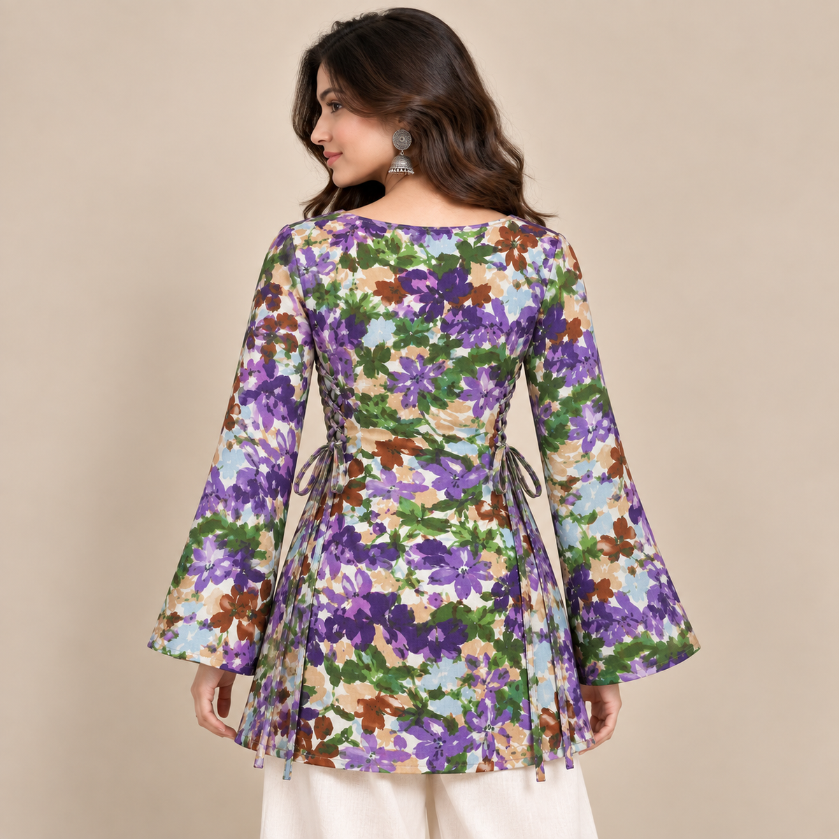 Purple Botanical Print- Side Corset Kurti