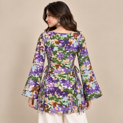 Purple Botanical Print- Side Corset Kurti