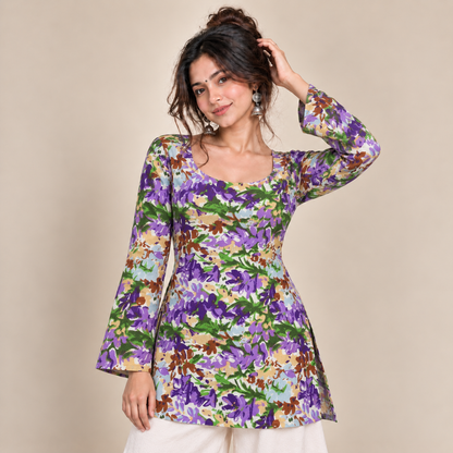 Purple Botanical Print- Boat Neck Kurti
