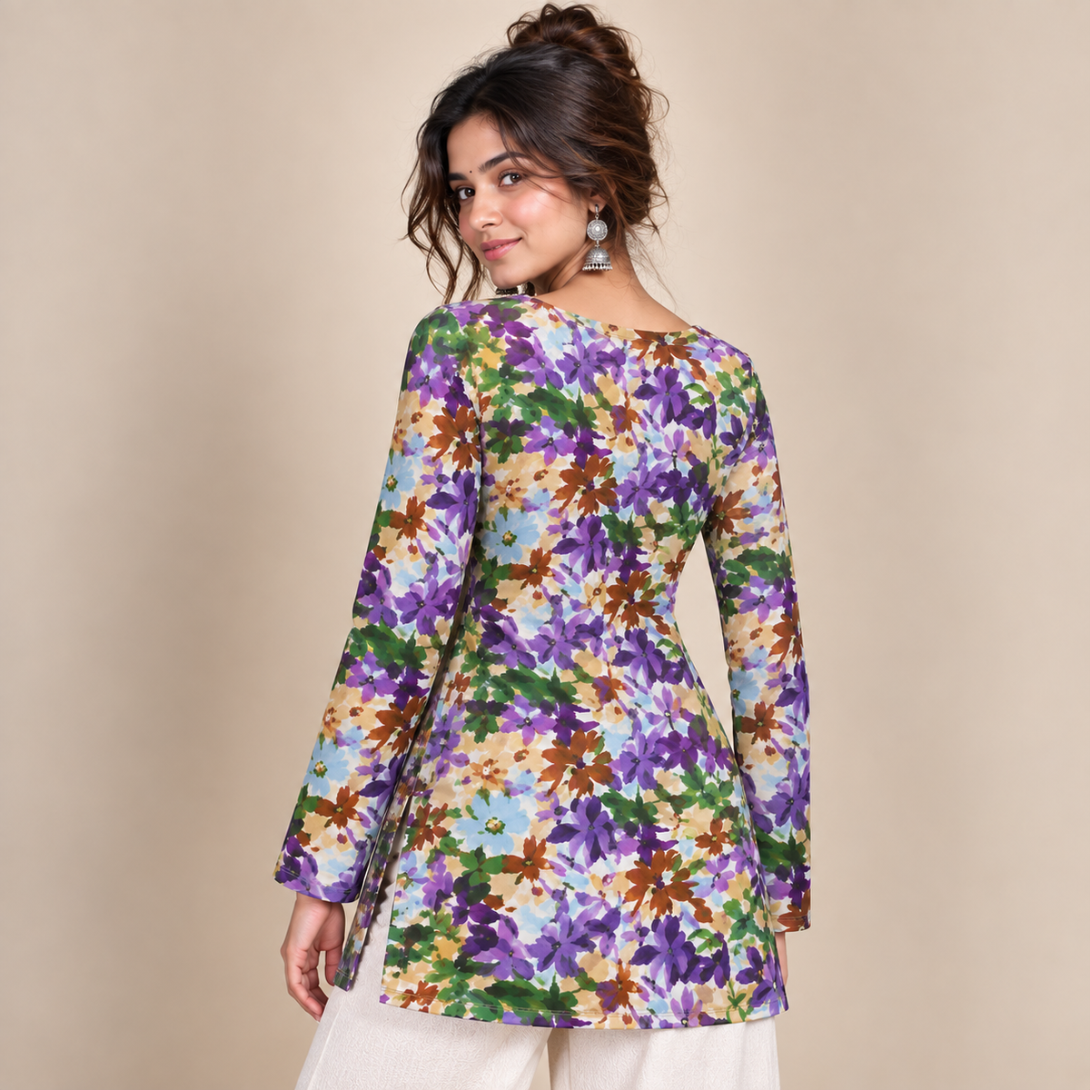 Purple Botanical Print- Boat Neck Kurti
