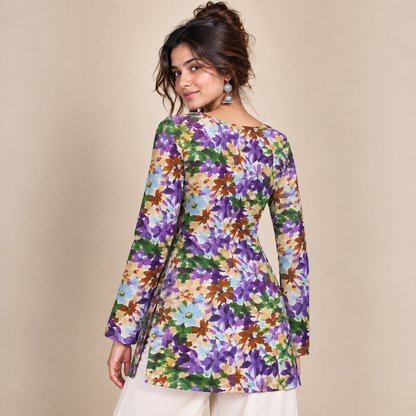 Purple Botanical Print- Boat Neck Kurti