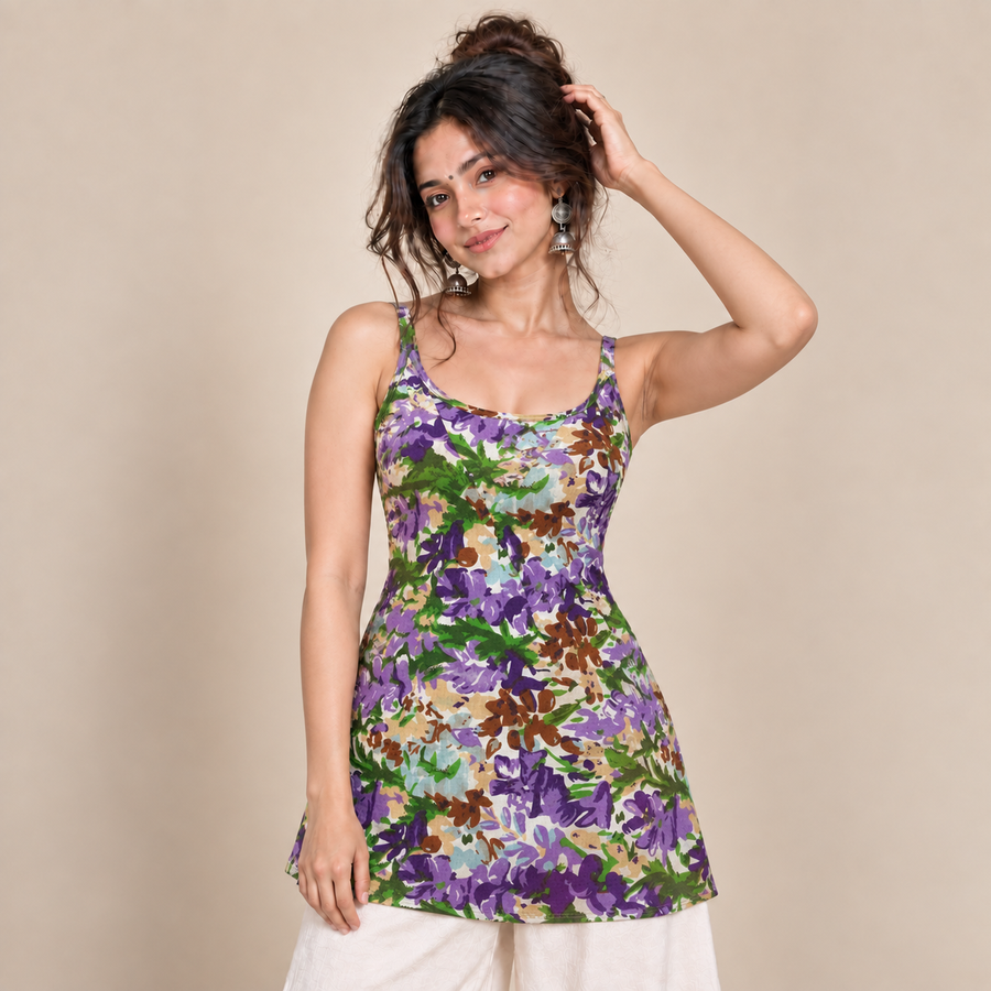 Purple Botanical Print- Sleeveless Kurti