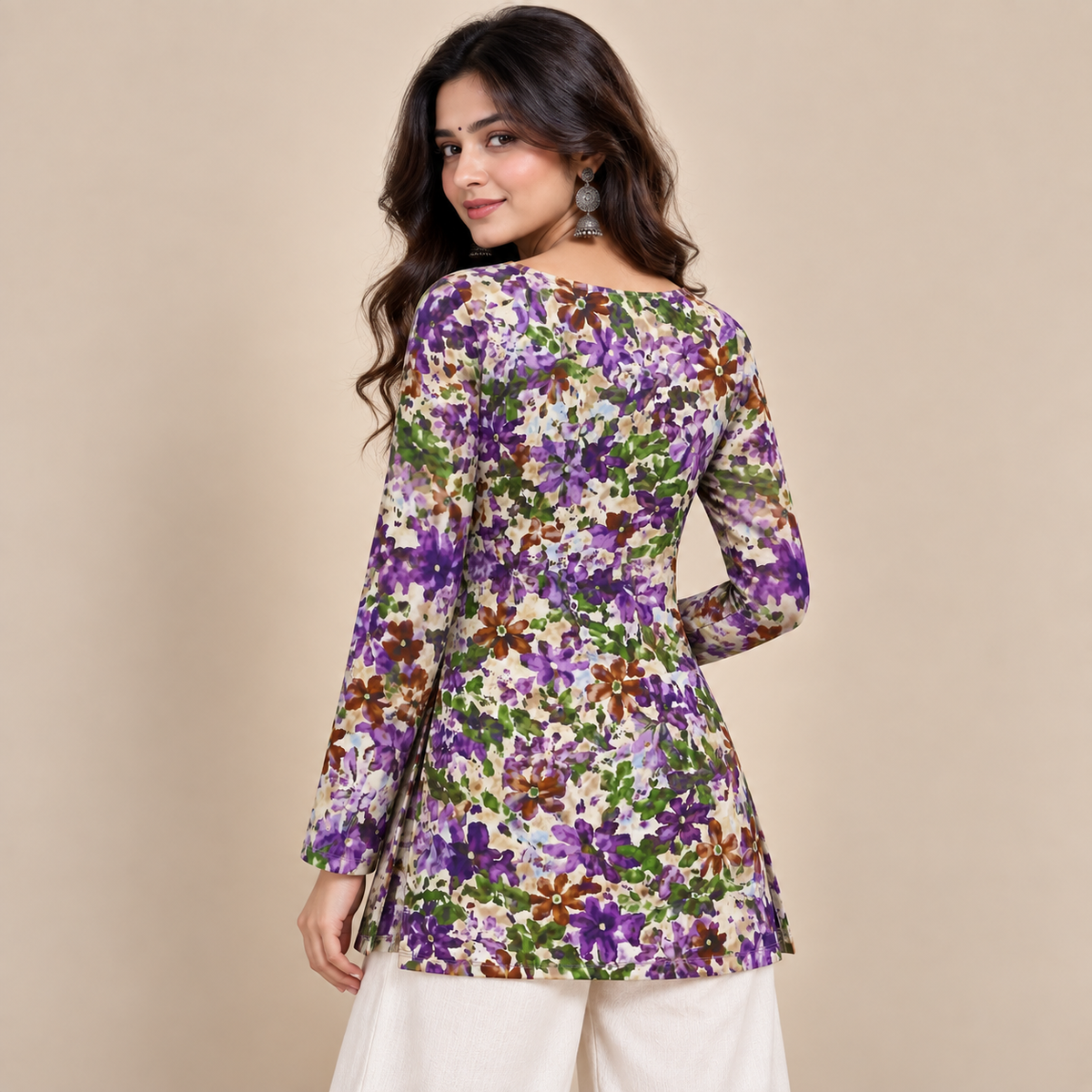 Purple Botanical Print- Square Neck Kurti