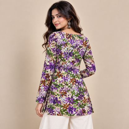 Purple Botanical Print- Square Neck Kurti