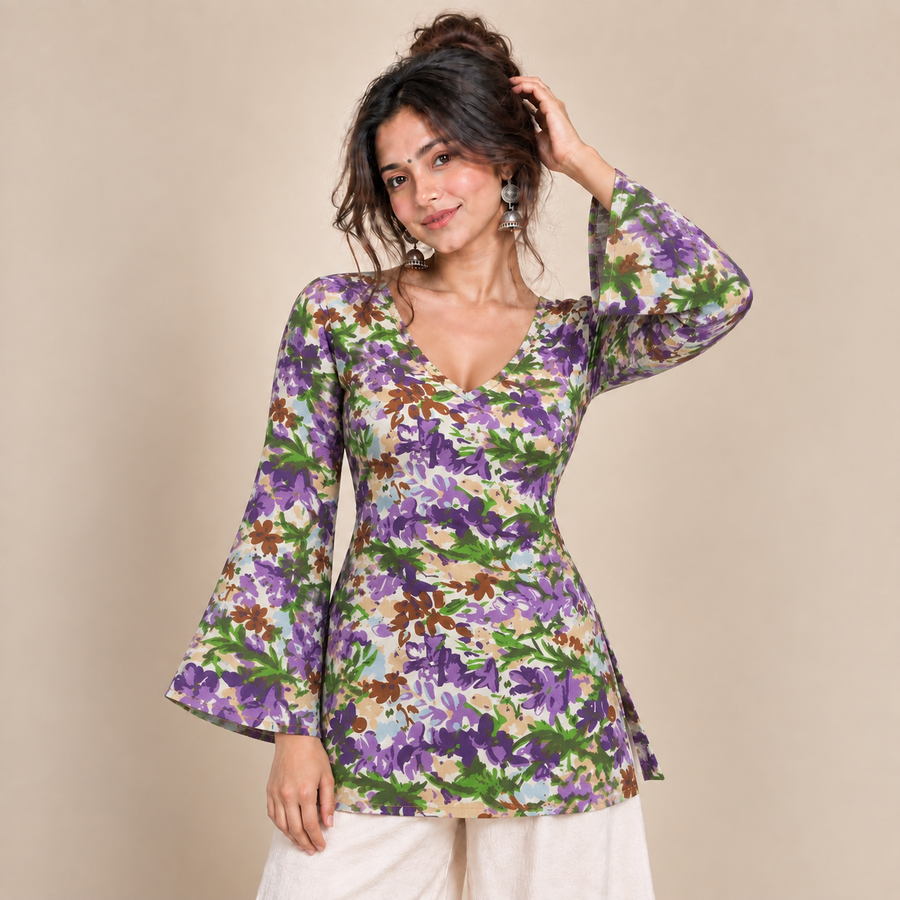 Purple Botanical Print- Bell Sleeve Kurti