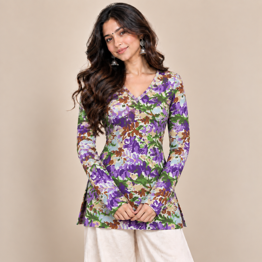 Purple Botanical Print- Straight Sleeve Kurti