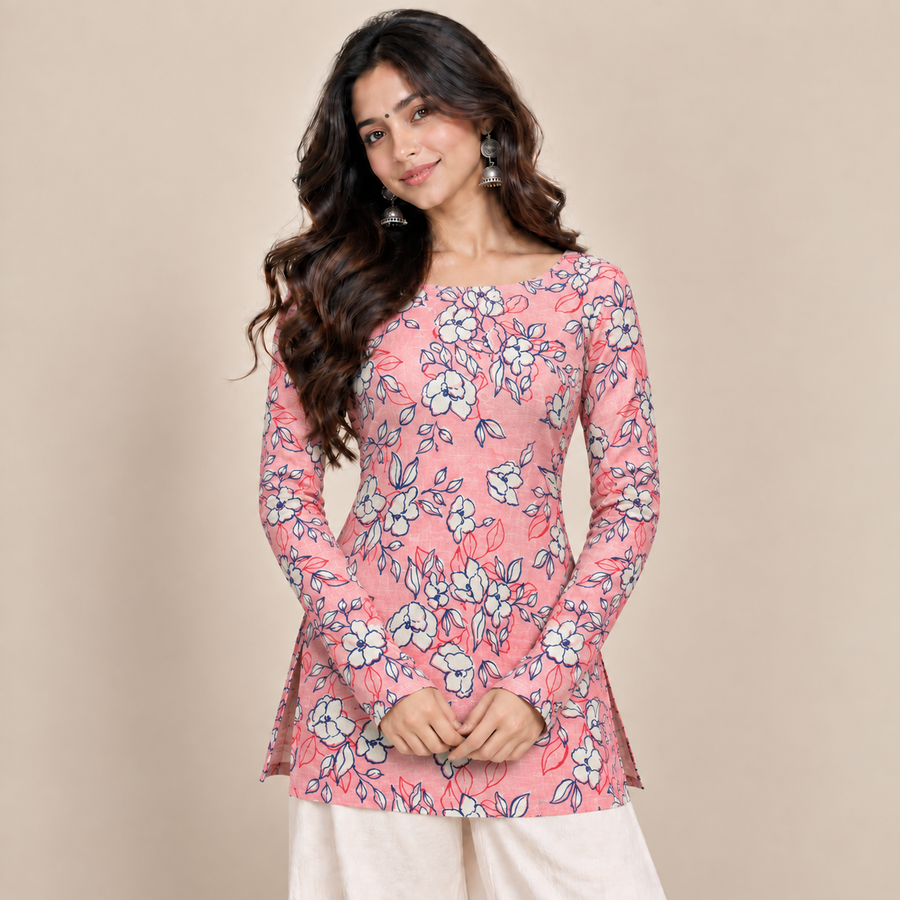 Coral Floral Print- Boat Neck Kurti
