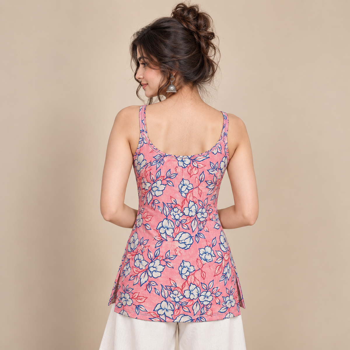 Coral Floral Print- Sleeveless Kurti
