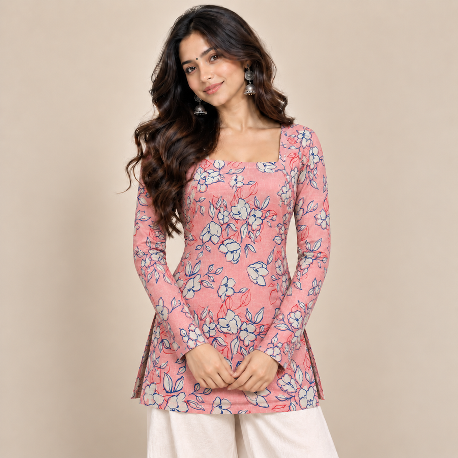 Coral Floral Print- Square Neck Kurti