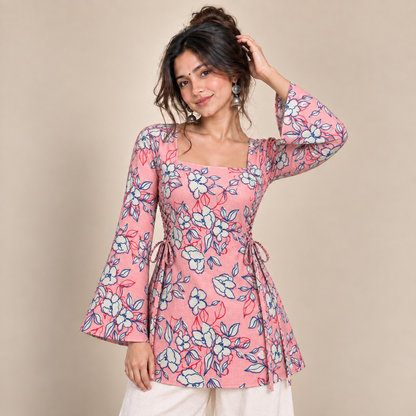 Coral Floral Print- Side Corset Kurti