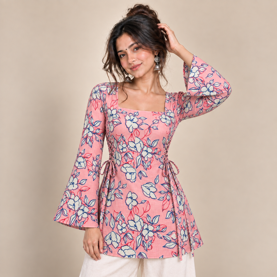 Coral Floral Print- Side Corset Kurti