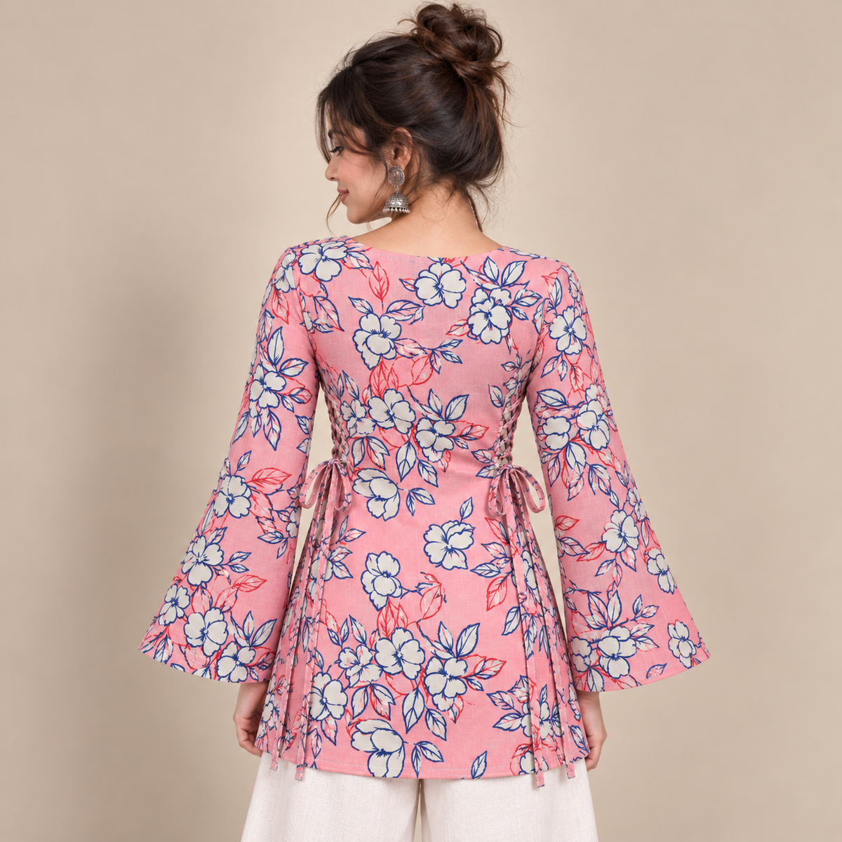 Coral Floral Print- Side Corset Kurti