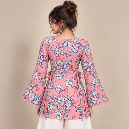 Coral Floral Print- Side Corset Kurti