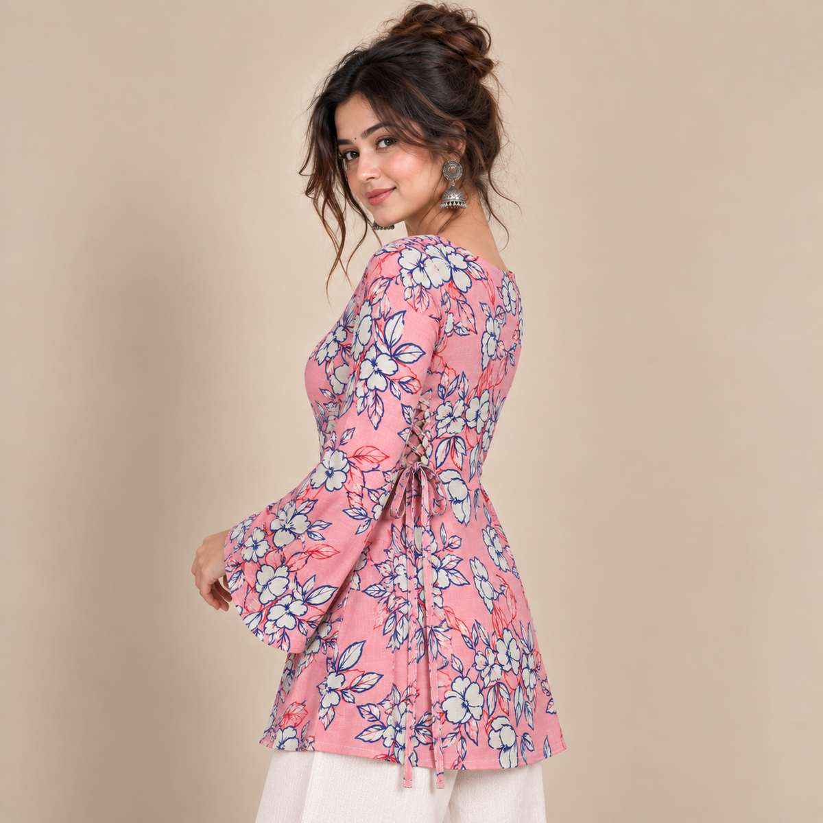 Coral Floral Print- Side Corset Kurti