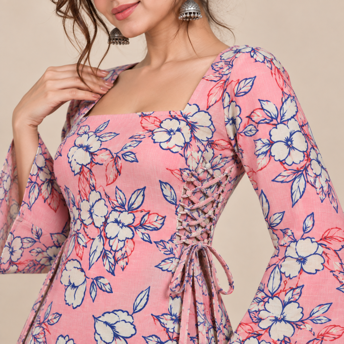 Coral Floral Print- Side Corset Kurti