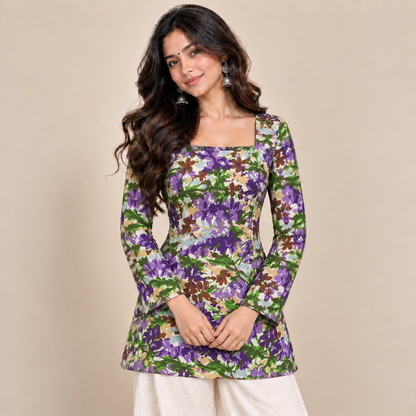 Purple Botanical Print- Corset Back Kurti