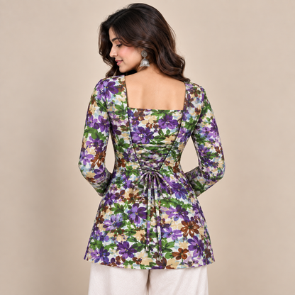 Purple Botanical Print- Corset Back Kurti