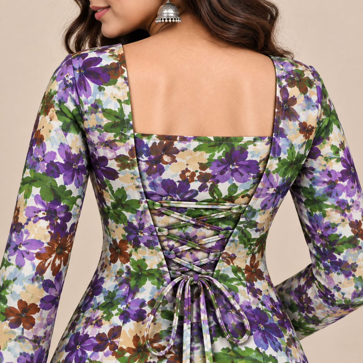 Purple Botanical Print- Corset Back Kurti