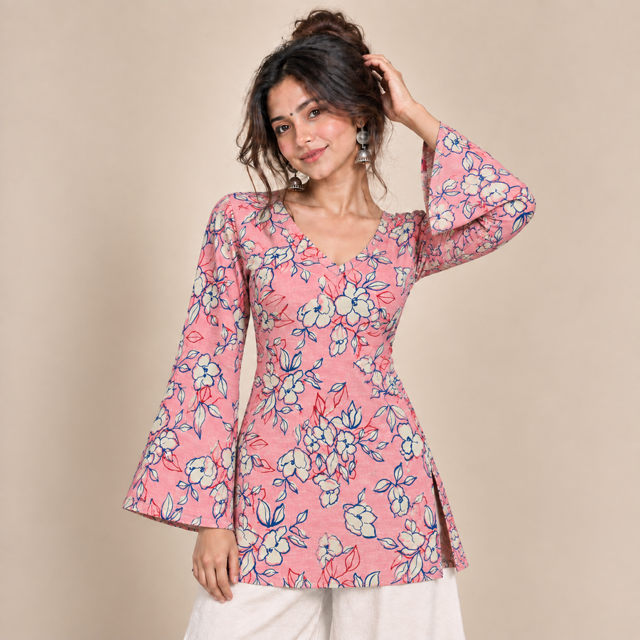 Coral Floral Print-Bell Sleeve Kurti