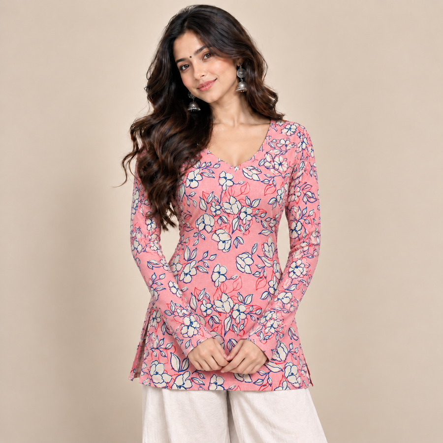 Coral Floral Print- Straight Sleeve Kurti