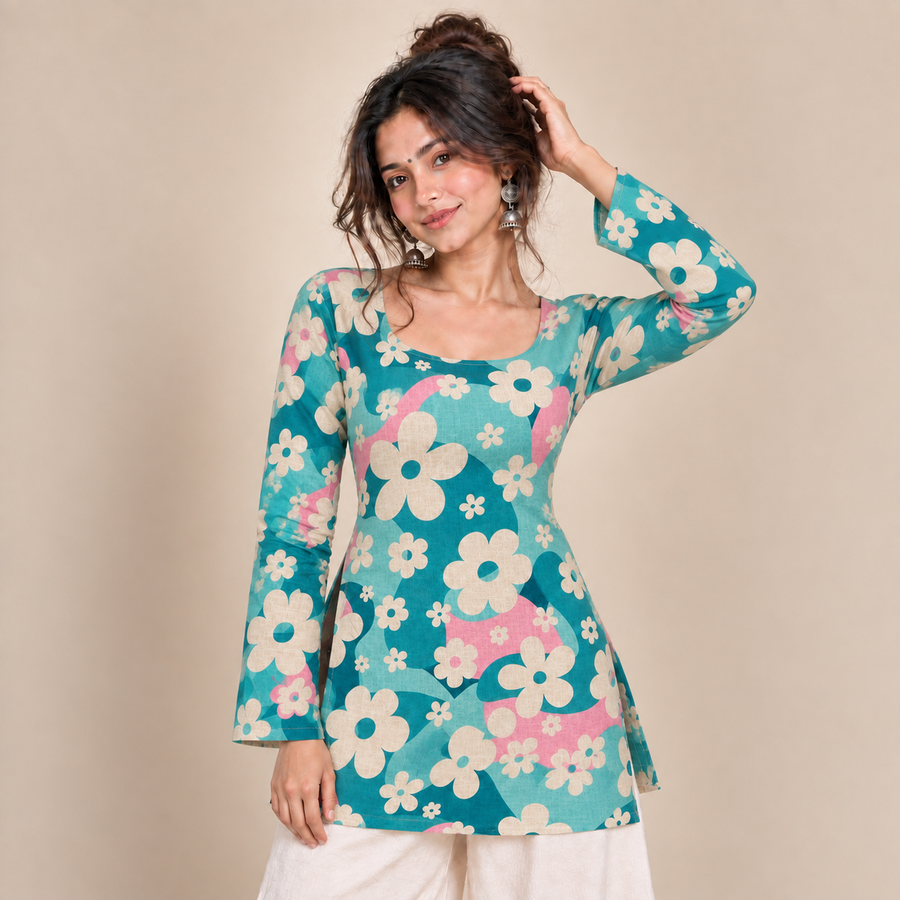 Teal Aqua Floral- Boat Neck Kurti
