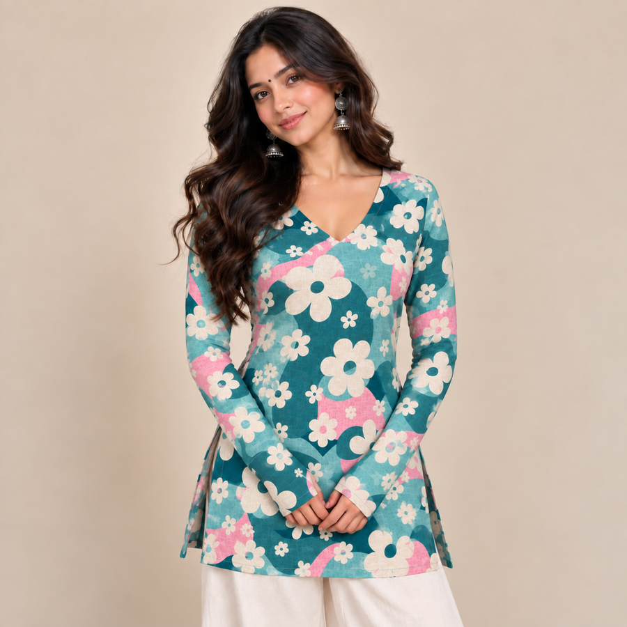 Teal Aqua Floral- Straight Sleeve Kurti