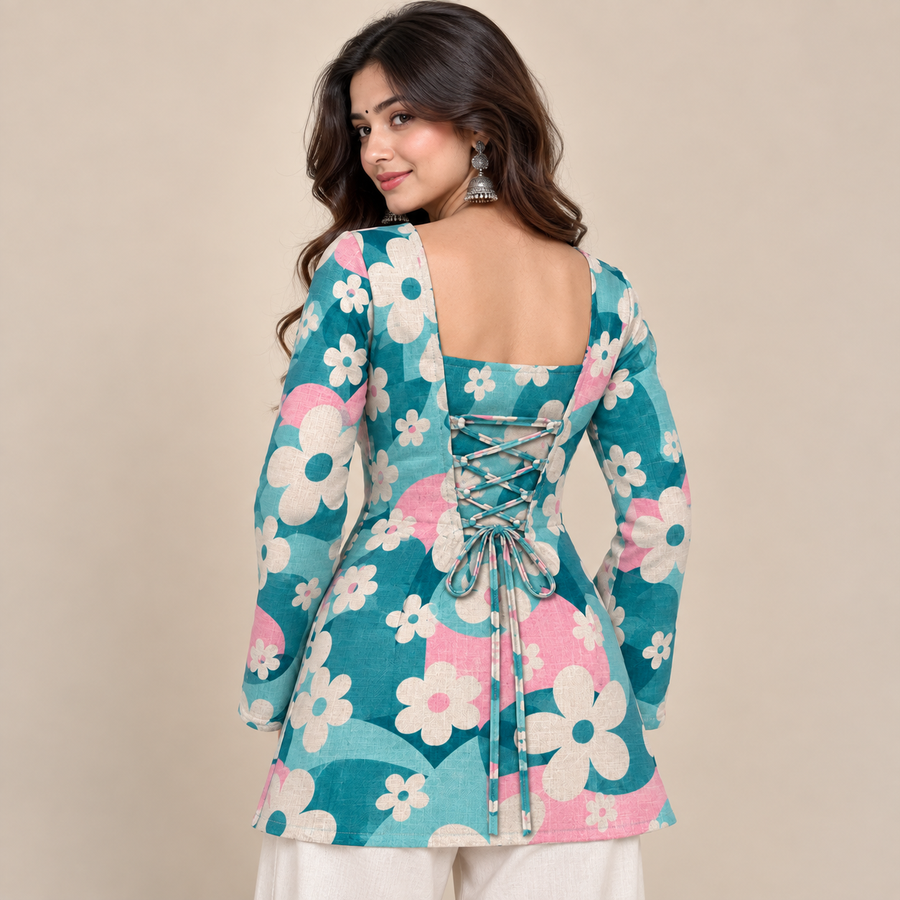 Teal Aqua Floral- Corset Back Kurti