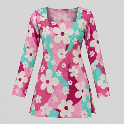 Pink Turquoise Floral- Square Neck Kurti