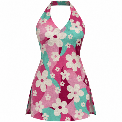 Pink Turquoise Floral- Halter Neck Kurti