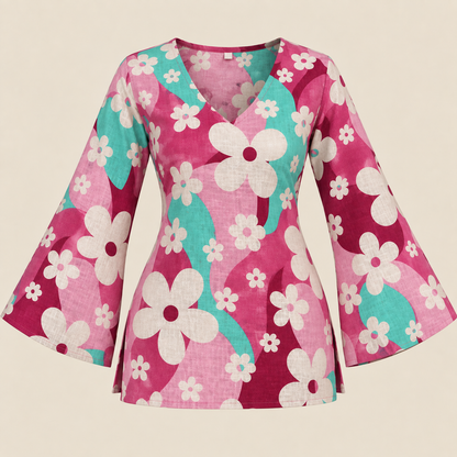 Pink Turquoise Floral- Bell Sleeve Kurti