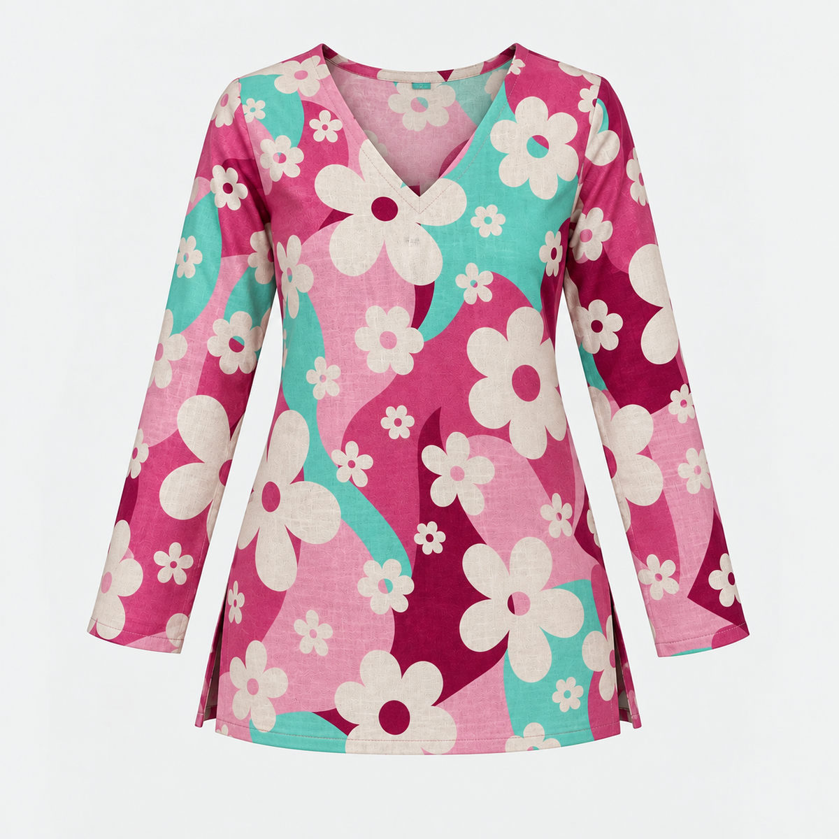 Pink Turquoise Floral- Straight Sleeve Kurti