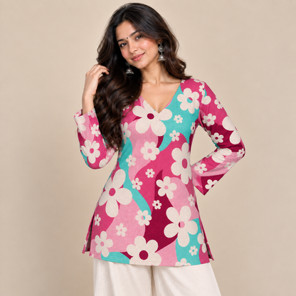 Pink Turquoise Floral- Straight Sleeve Kurti