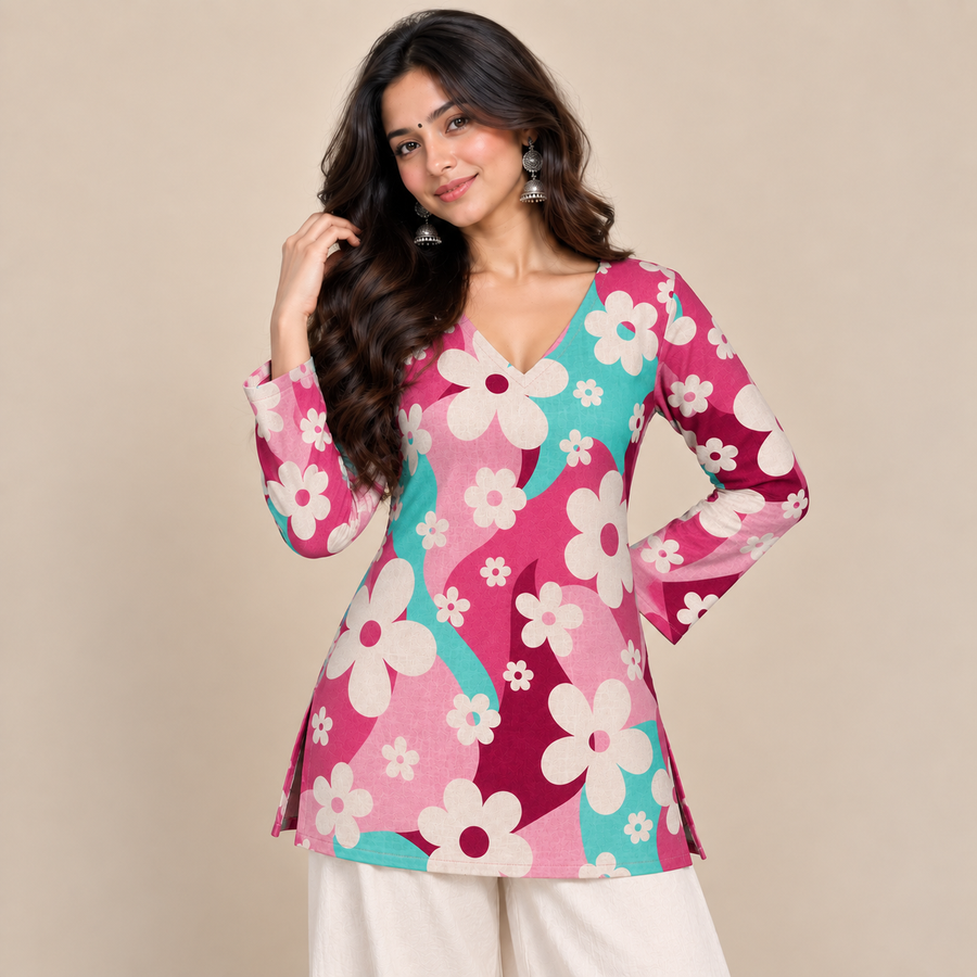 Pink Turquoise Floral- Straight Sleeve Kurti