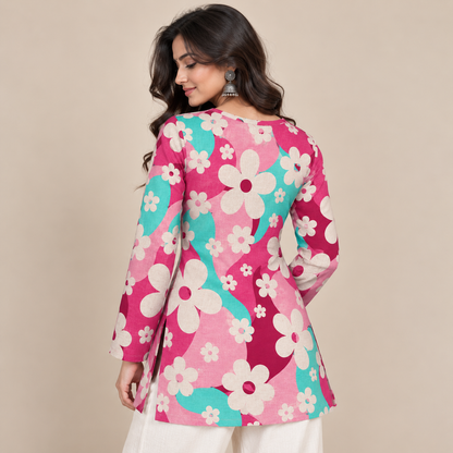 Pink Turquoise Floral- Straight Sleeve Kurti