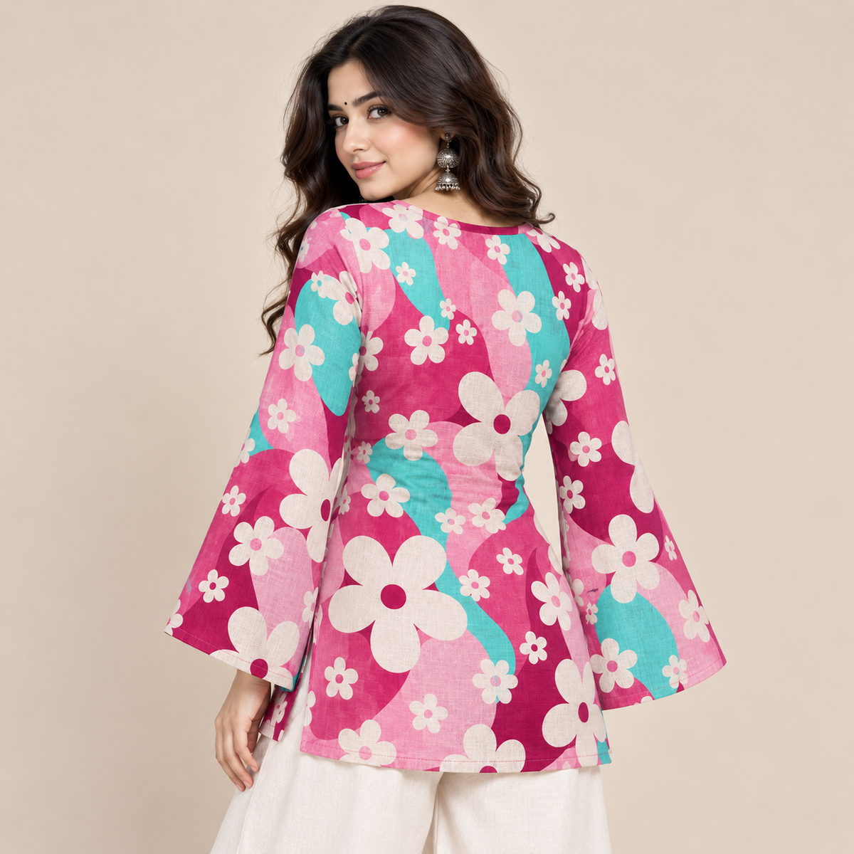 Pink Turquoise Floral- Bell Sleeve Kurti