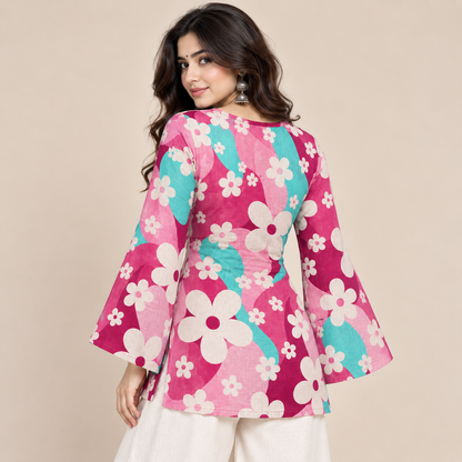 Pink Turquoise Floral- Bell Sleeve Kurti
