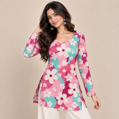 Pink Turquoise Floral- Boat Neck Kurti