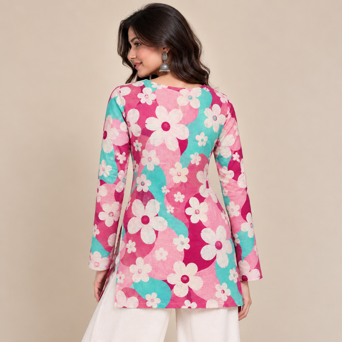 Pink Turquoise Floral- Boat Neck Kurti