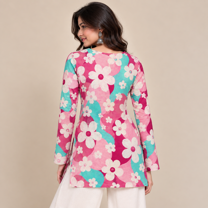 Pink Turquoise Floral- Boat Neck Kurti