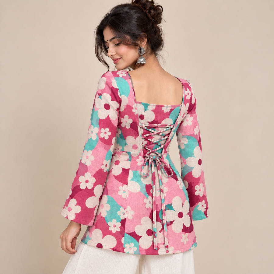 Pink Turquoise Floral- Corset Back Kurti