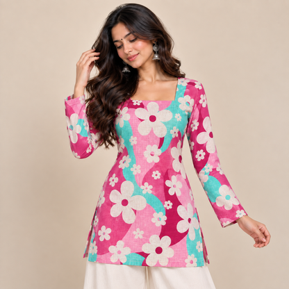 Pink Turquoise Floral- Square Neck Kurti