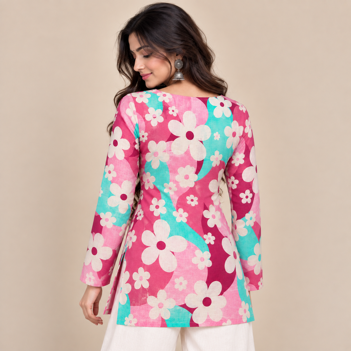 Pink Turquoise Floral- Square Neck Kurti