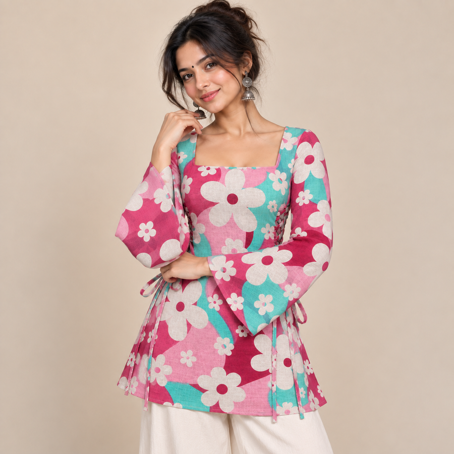 Pink Turquoise Floral- Side Corset Kurti