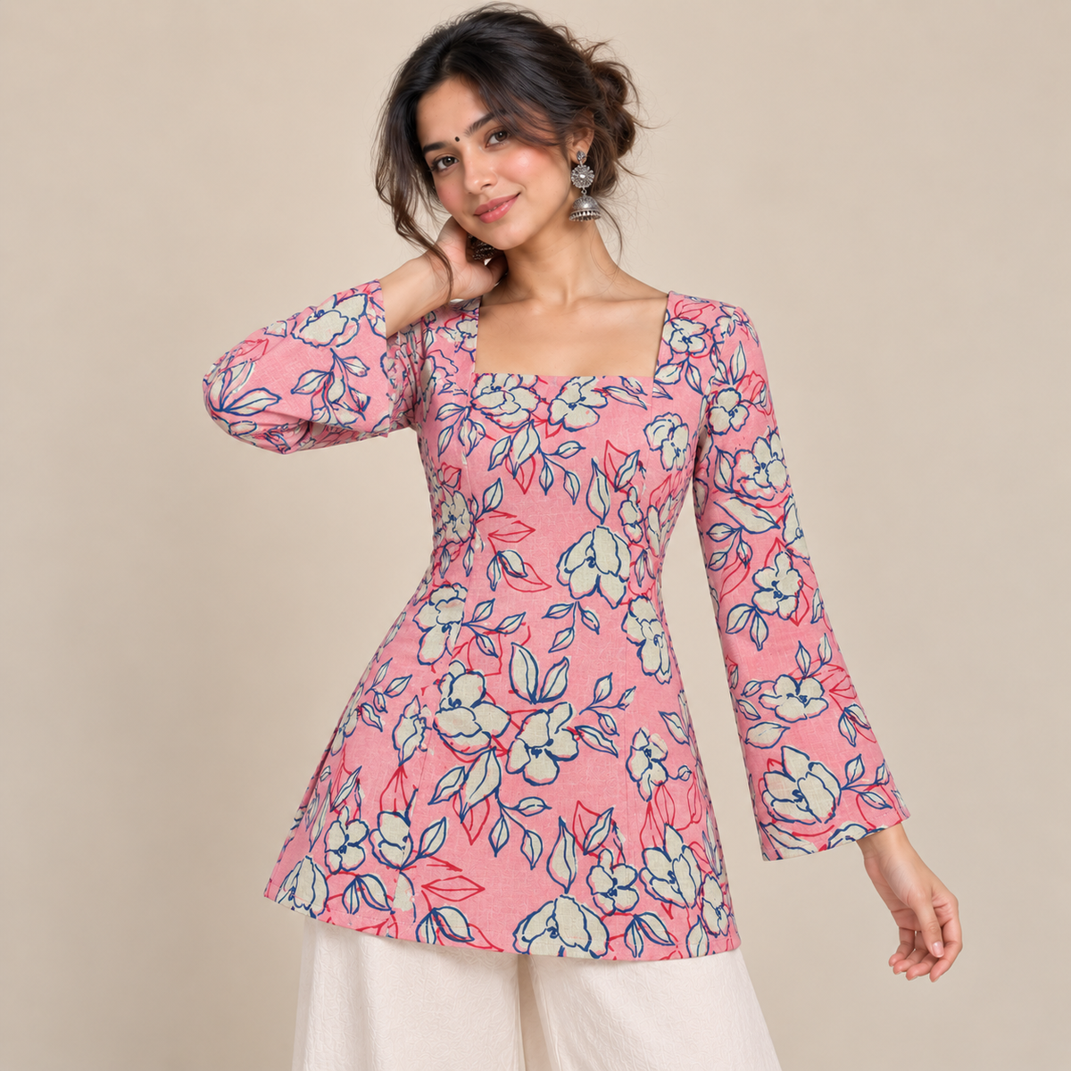 Coral Floral Print- Back Corset Kurti