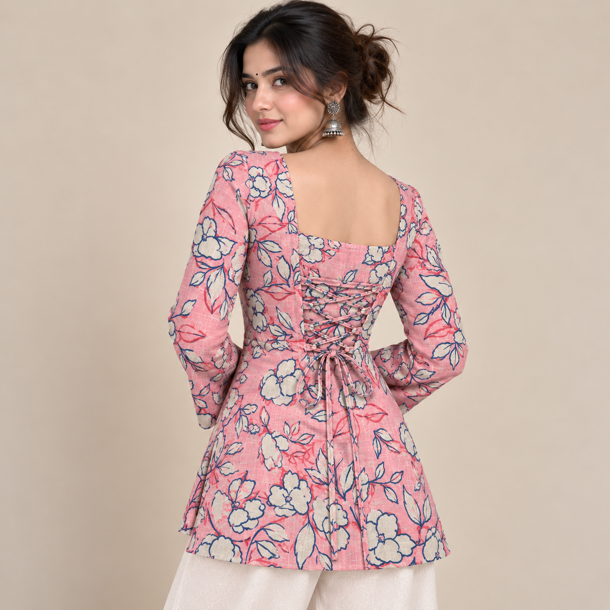 Coral Floral Print- Back Corset Kurti